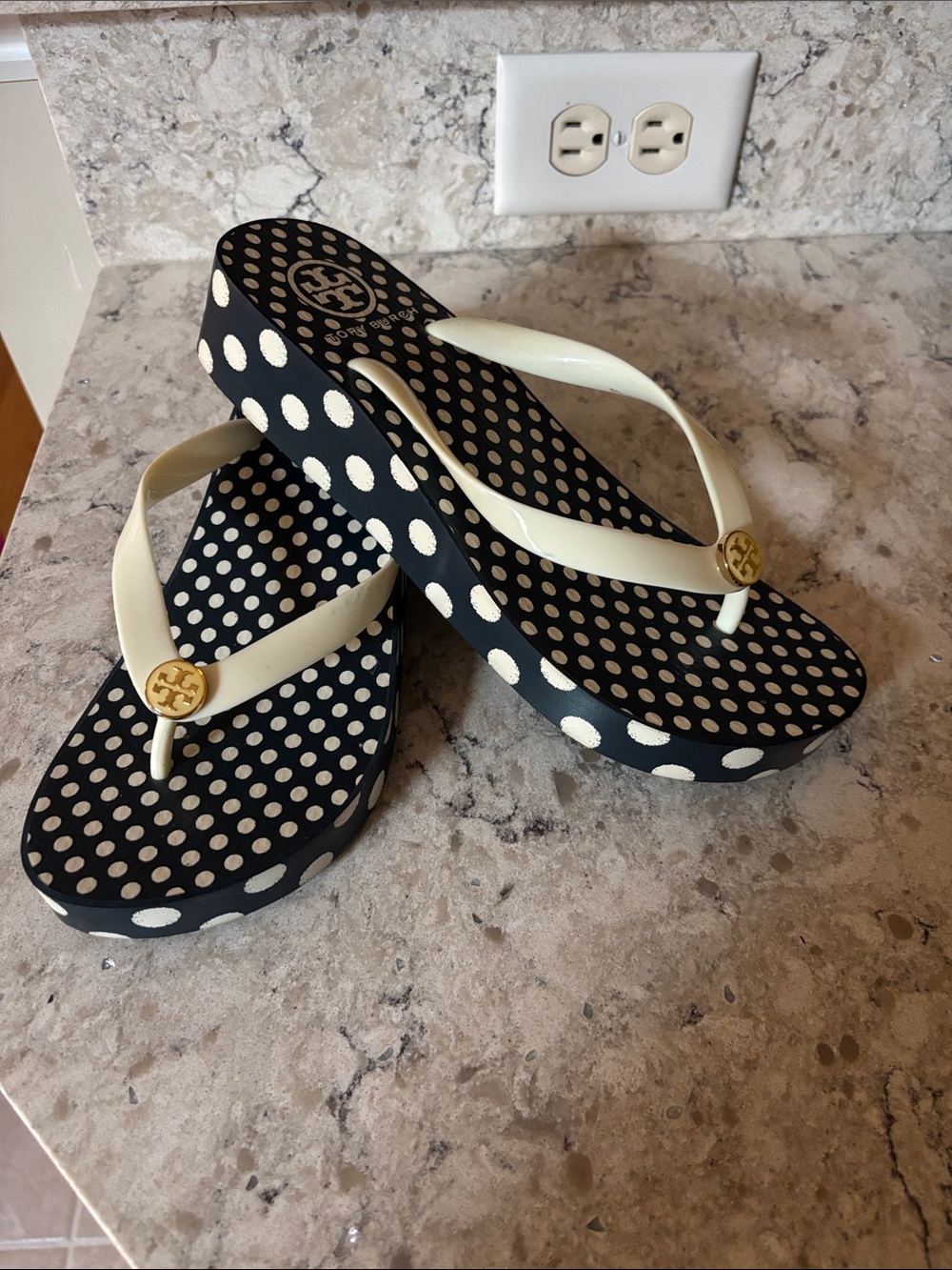 Tory Burch Black & Cream Polka Dot Platform Flip Sandals